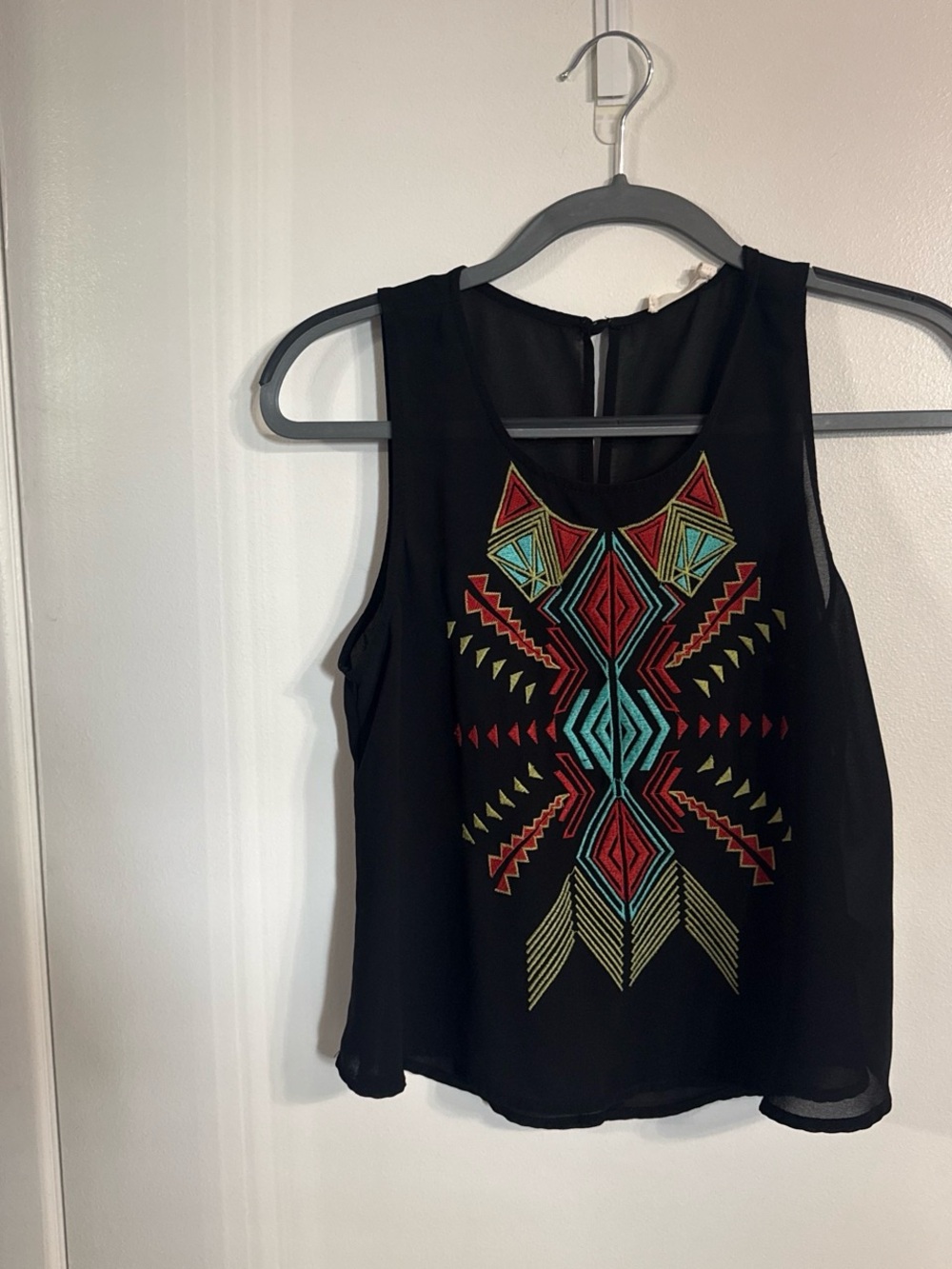 Lush Black Sleeveless Camisole with Multicolor Geometric Embroidery